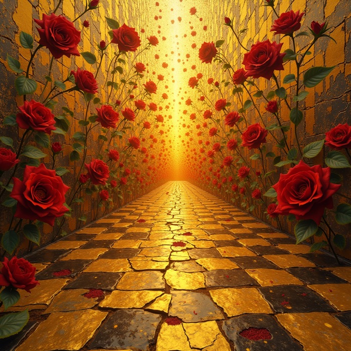 Illustrated plate for Chapter 5 — Hell Is a Metaphor for You, a rose-lined golden corridor