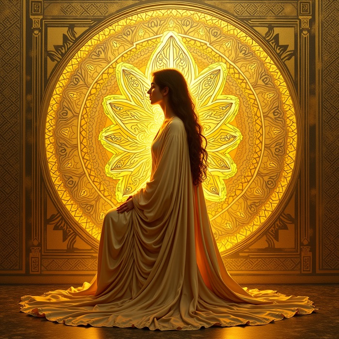 Illustrated plate for Chapter 11 — Own Your Orgasm, Own Your Life, a robed figure before a golden mandala